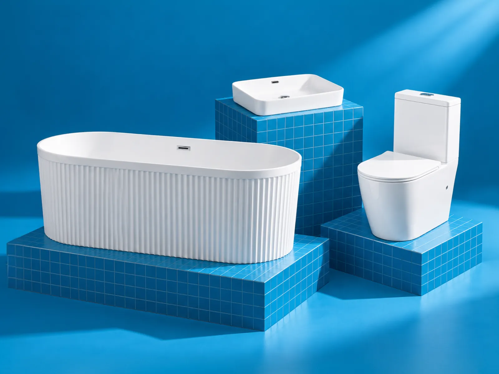 Freistehende Badewanne, Aufsatzwaschbecken und Stand-WC von Helmken